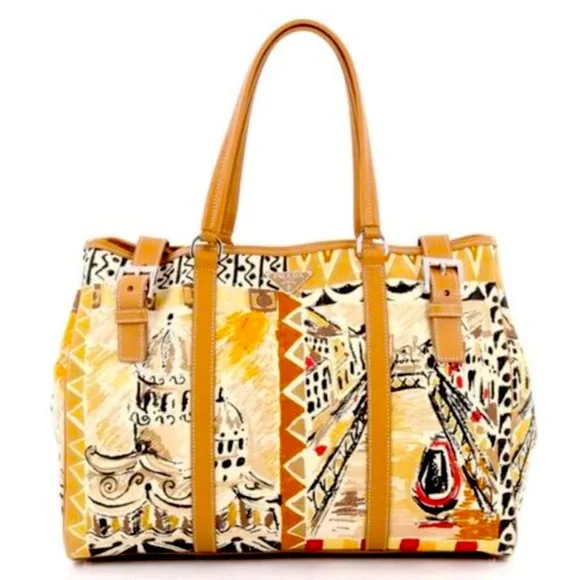RARE auth Prada Venice Belted Tote Print Canvas leather trim, handles and straps - Picture 3 of 10